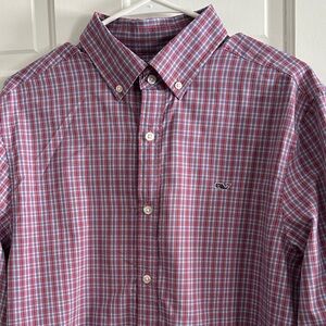 Vineyard Vines Men's Red and Blue Plaid Shirt